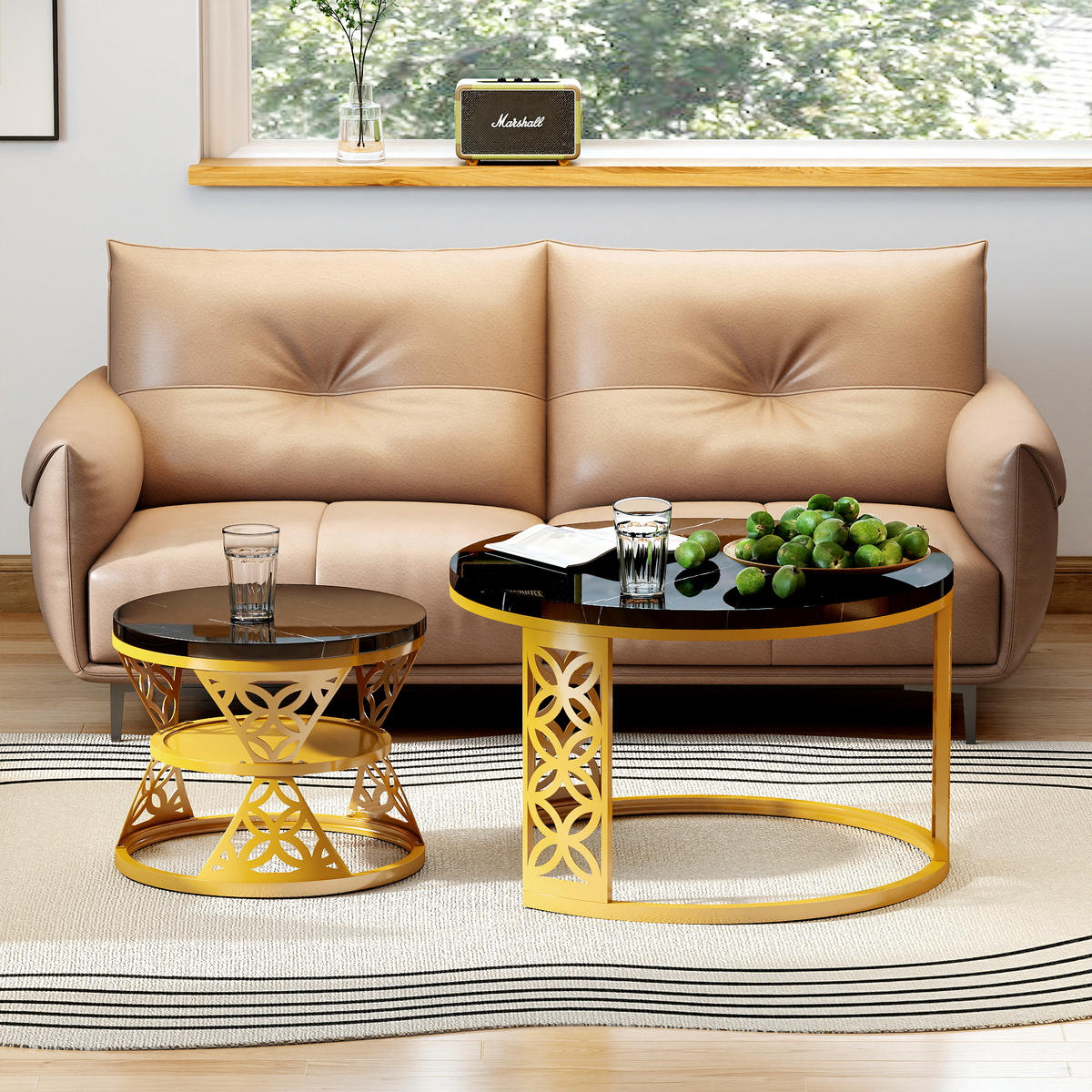 COUCHTISCH 2-teiliges Set Nesting Satztisch 70x70x45 cm + 45x45x37 cm Schwarz und Gold mit Marmor Furnier - Schwarz, Holzwerkstoff (70/70/45cm) - Modfu