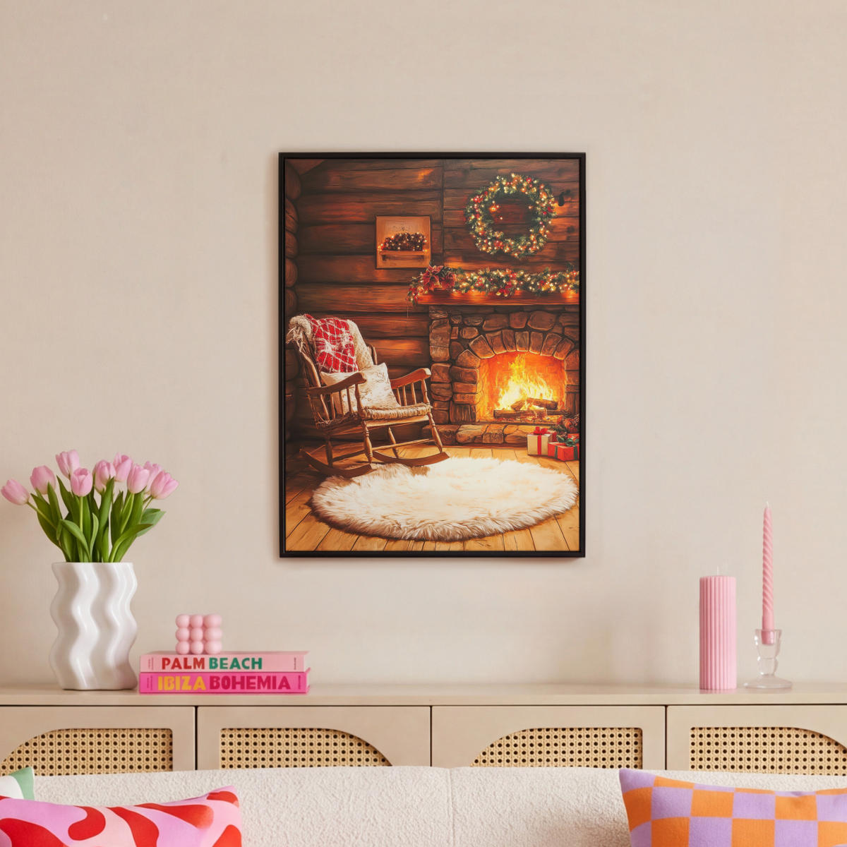 LEINWAND Bilder mit Rahmen - Winter - Weihnachten - Zuhause - Kamin - 60x80 - Bernsteinfarben, Textil (60/80cm) - MuchoWow