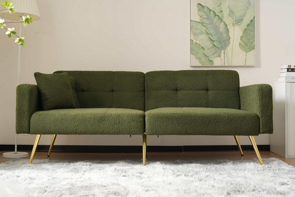 ROZKLADACIA pohovka 175/64/72 cm starozelená s polohovateľným operadlom a bočnými vreckami z látky sherpa - zelená, plast (175/72/64cm) - OKWISH