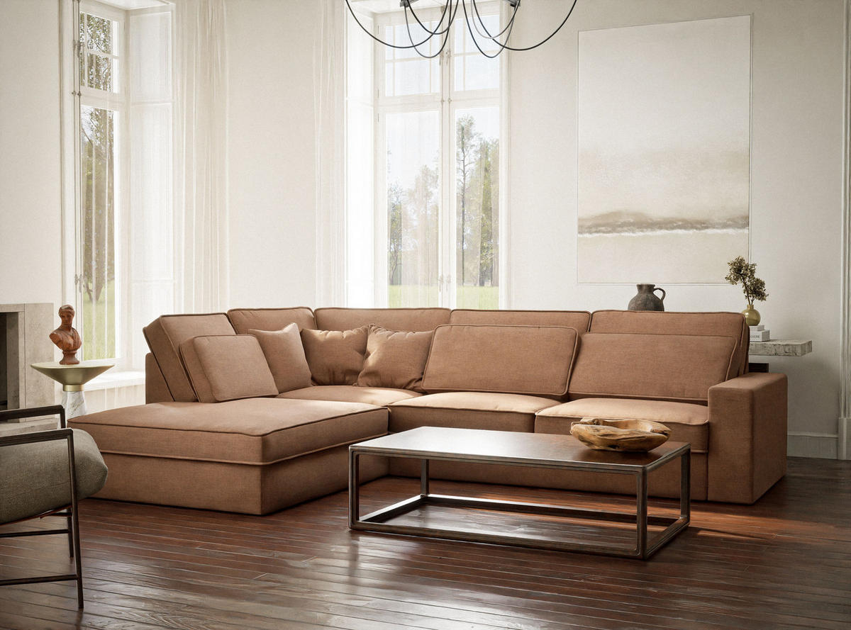 ECKSOFA Kirou Hellbraun Chenille-Stoff - Links Seite - Hellbraun/Schwarz, Holz/Holzwerkstoff (225/311cm) - Maison de Reve