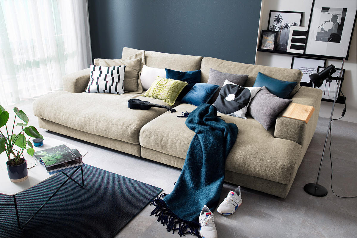 BIG SOFA MIT TABLETT NATUR MADELINE Cremeweiß Webstoff - Creme/Schwarz, Kunststoff/Textil (290/85/170cm) - KAWOLA