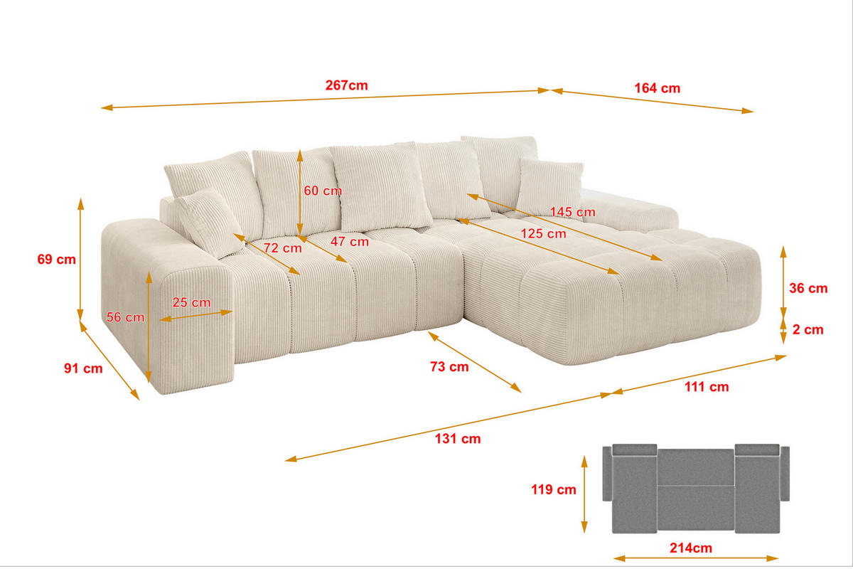 ECKSOFA Ottomane Rechts ENSI-L - 267x164x69 cm Beige - Beige, Holzwerkstoff/Kunststoff (164/267cm) - ALTDECOR