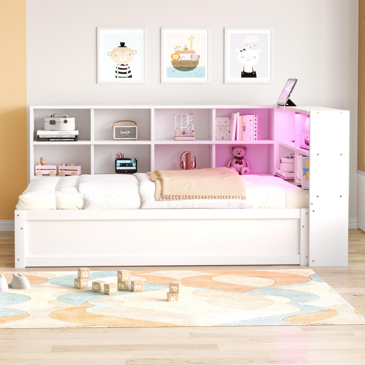 STAURAUMBETT 90/200 cm DE-01383, in Weiß, mit LED, Steckdose und Hydraulik - Weiß, Holz (90/190cm) - ComfortXL