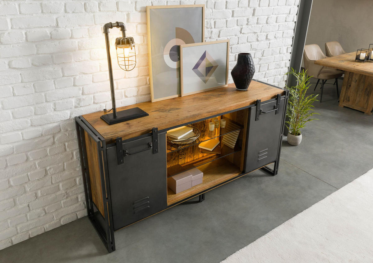 SIDEBOARD Mango / Altholz 180x45x90 natur / grau lackiert / Metall grau BLACKBURN LUX #552 - Braun, Holz (180/90/45cm) - Massivmoebel24