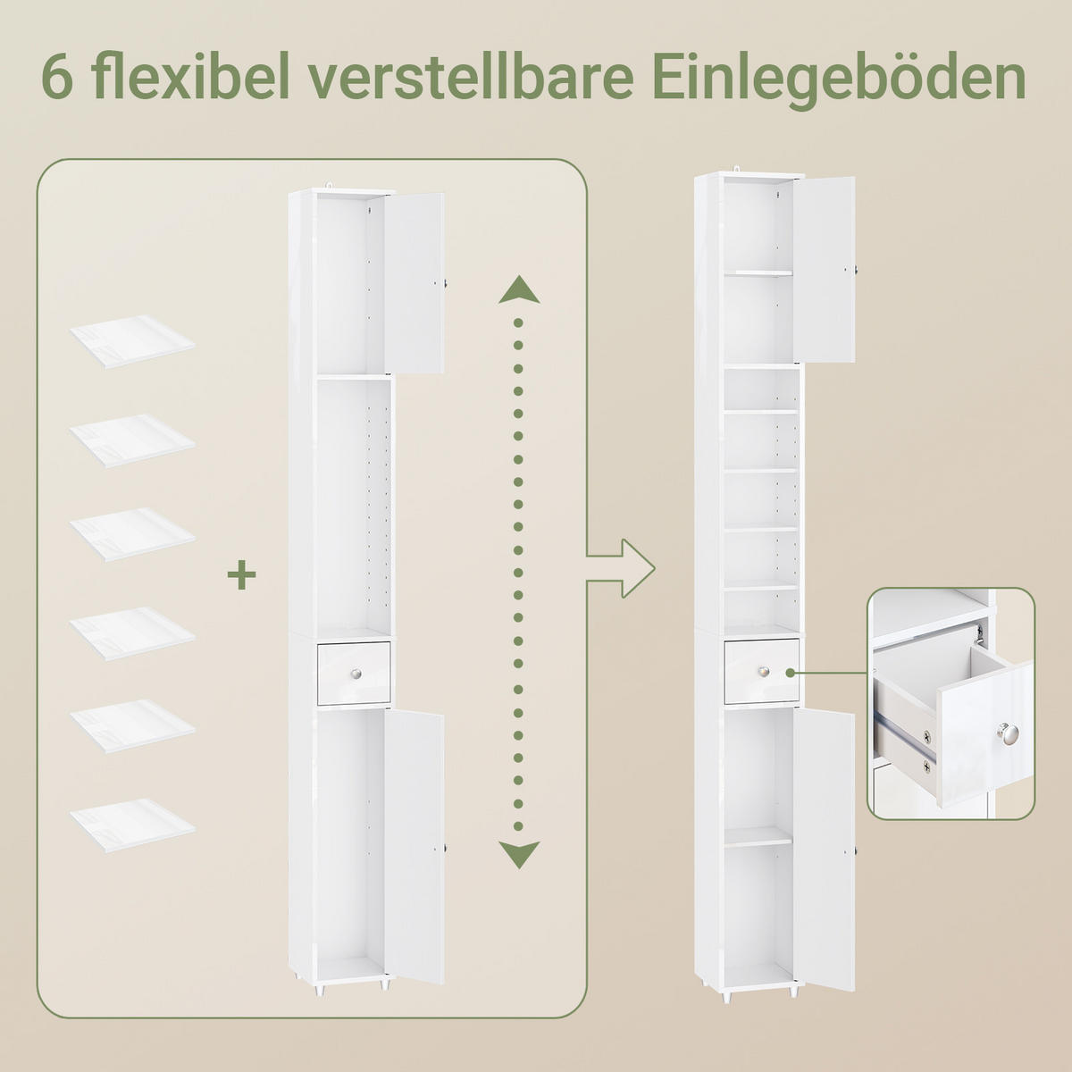 HOCHSCHRANK Weiß, Badezimmerschrank schmal 20x20x180 cm - Silberfarben/Weiß, Holzwerkstoff (20/180/20cm) - SoBuy