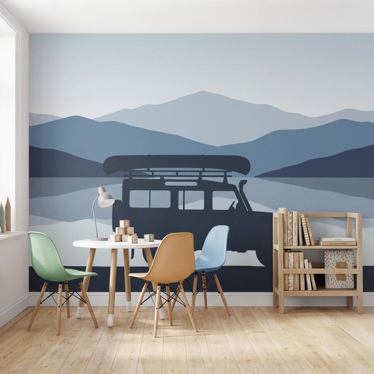 KINDERTAPETE - Auto - See - Berge - Blau - 350x260 cm - Blaugrau, Papier (350/260cm) - OnlyWow