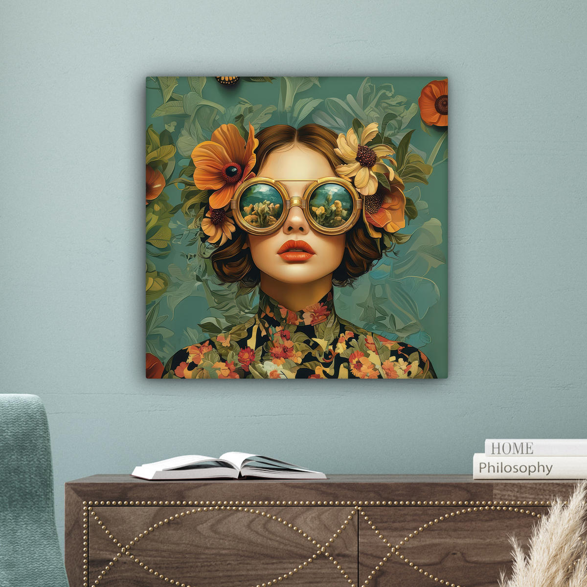LEINWANDBILD Frau - Blumen - Schmetterlinge - Natur - Vintage Wandbild Wohnzimmer 50x50 cm - Salbeigrün, Textil (50/50cm) - MuchoWow
