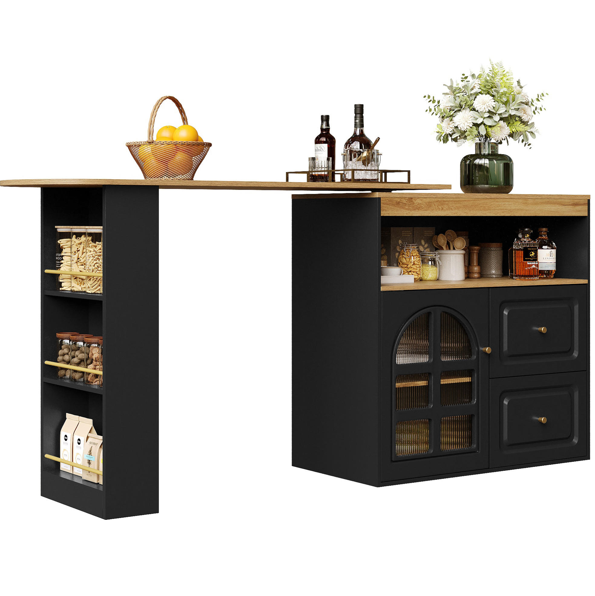 STEHTISCH 138-204x39x104cm Schwarz mit Snackregal & Drehfunktion - Schwarz, Holzwerkstoff (204/104/39cm) - Modfu