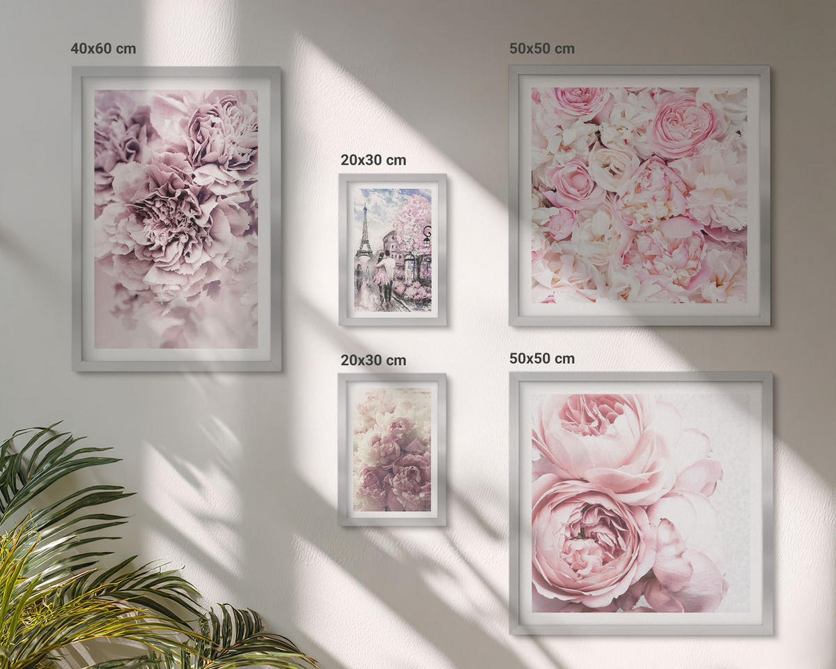 WANDBILDER 5er Set - 50x50 cm & 20x30 cm & 40x60 cm Silberner Rahmen - Rosa Blumen, romantische Landschaft - Silberfarben, Kunststoff (40/60cm) - ArtPrintCave