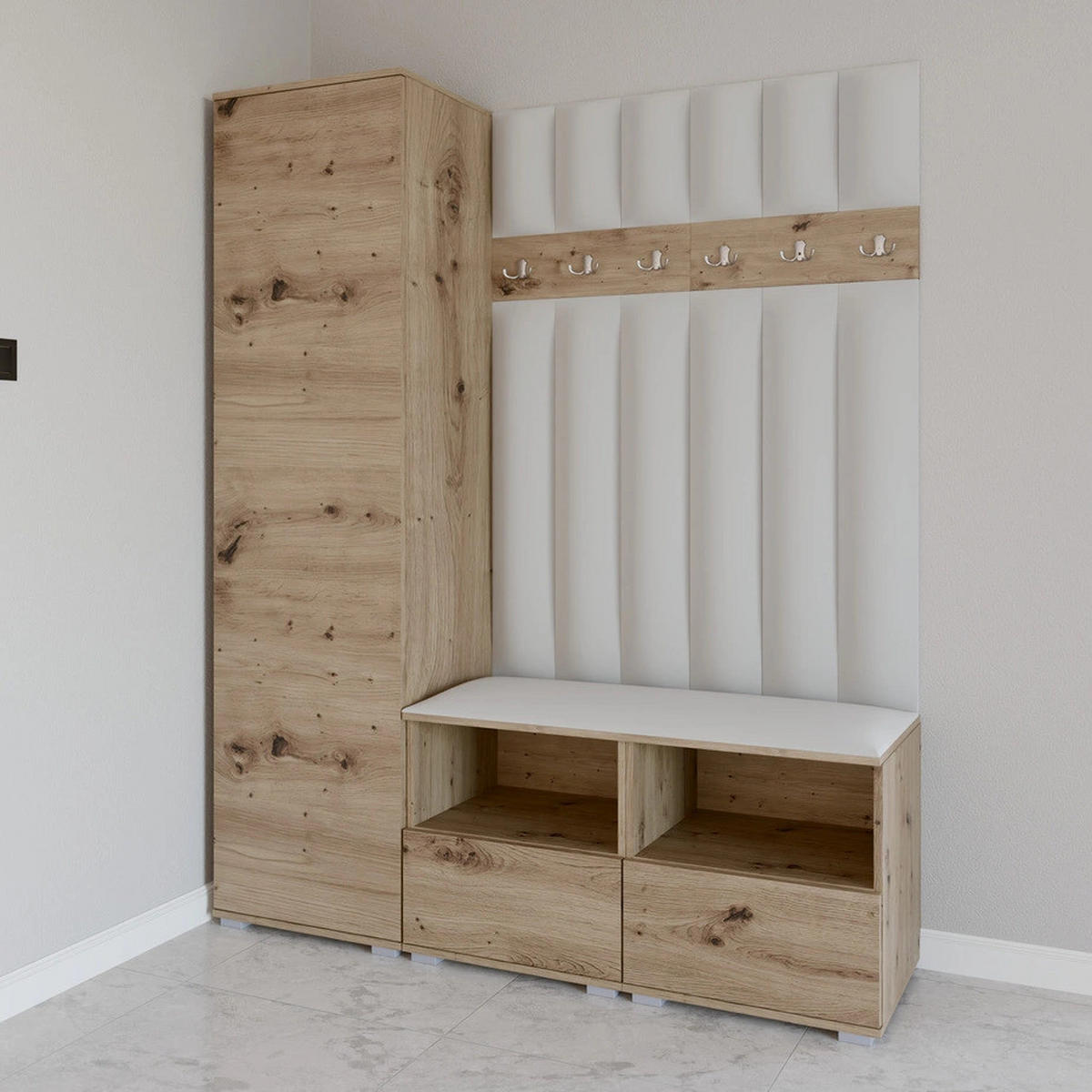 GEPOLSTERT Garderoben-Set Nela II LUX (Farbe Eiche Artisan + Stoff Trinity 32) - Silberfarben/Hellgrau, Holz/Holzwerkstoff (150/187/40cm) - Ravio