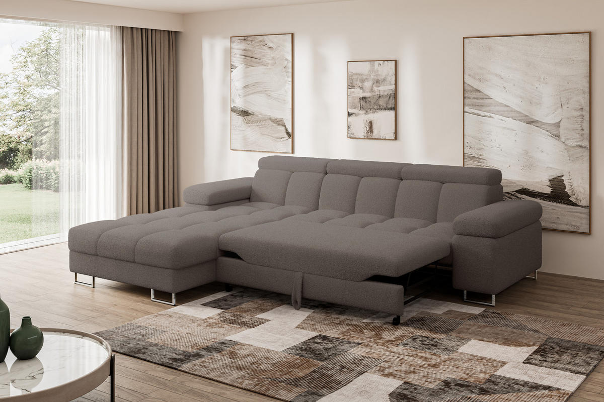 ECKSOFA mit Schlaffunktion Ottomane Links 271x203x79 Braun Bouclé - Dunkelbraun, Holzwerkstoff/Textil (271/203cm) - ALTDECOR