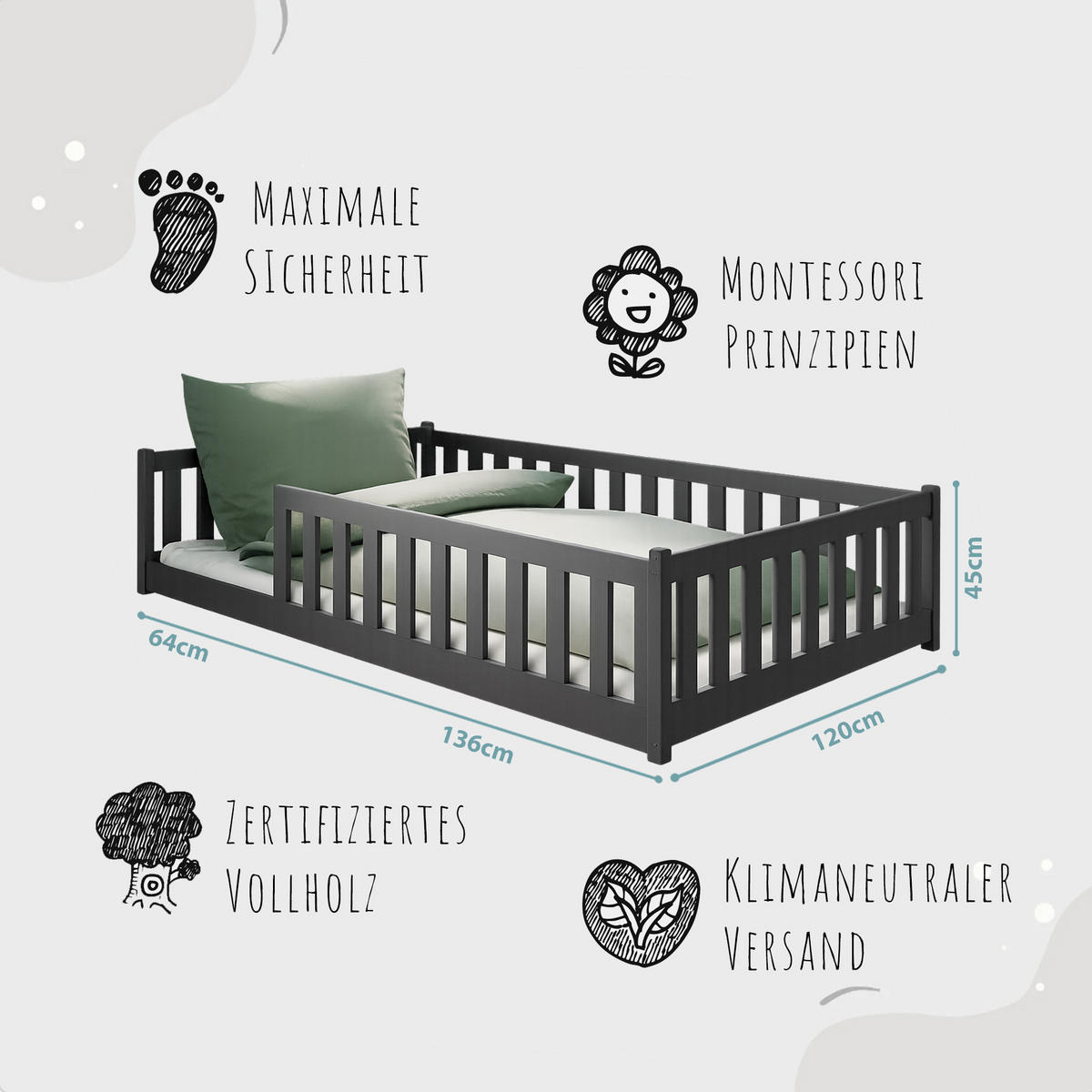 BODENBETT 120x200 cm in Graphit - Graphitfarben, Holz (120/200cm) - Kids Collective