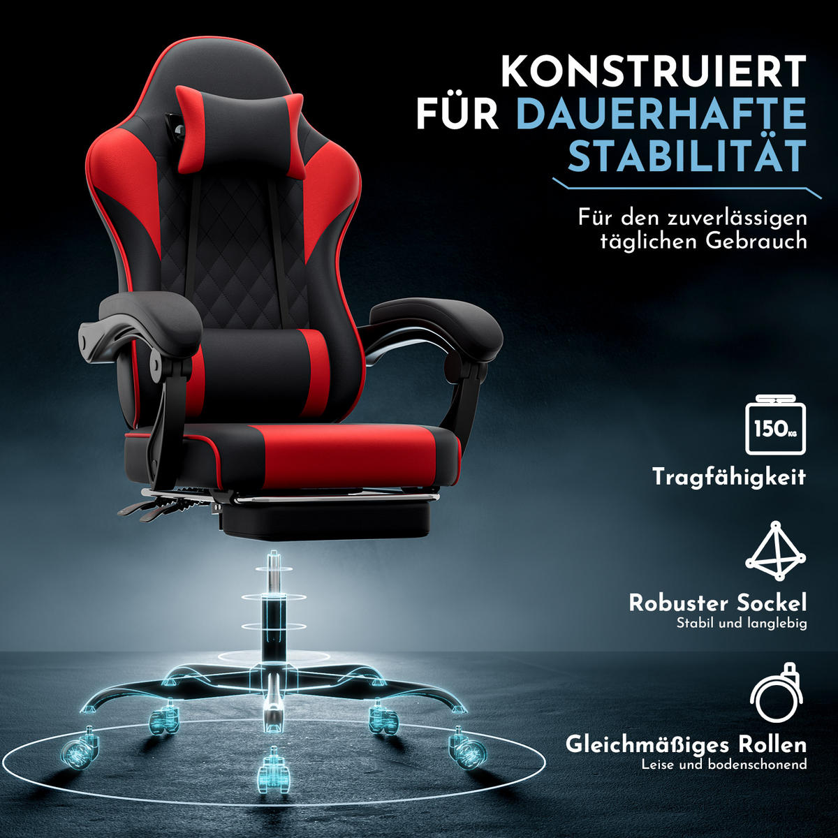 GAMINGSTUHL DE-40998 mit Lordosenstütze und Fußstütze Schwarz/Rot - Rot, Metall (58.5/120.5/63cm) - ComfortXL