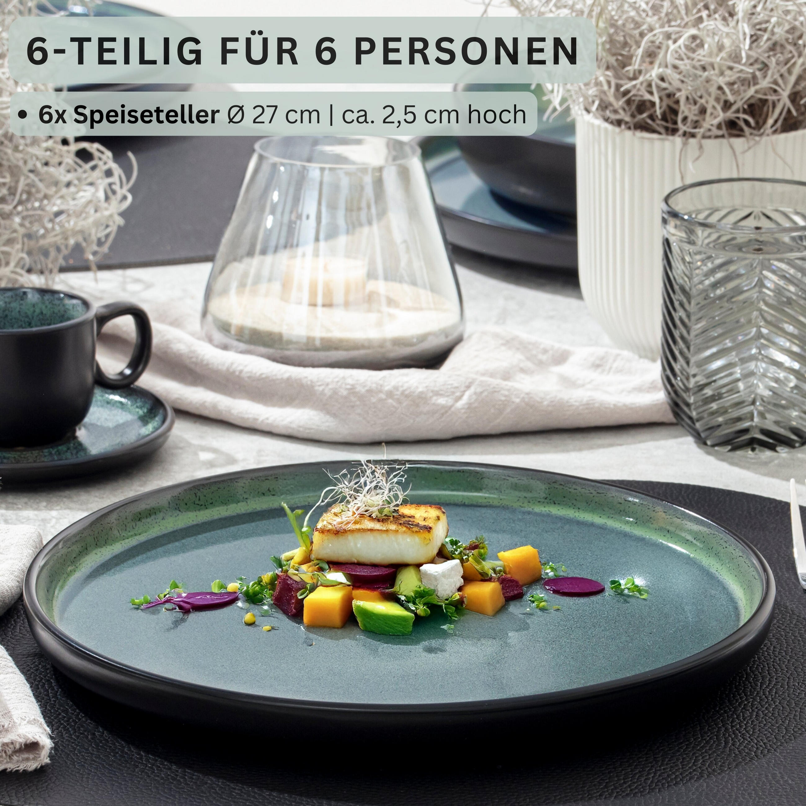 SPEISETELLER SET MALMÖ - 6 teilig aus Steingut - Grün, Stein (27cm) - Sänger