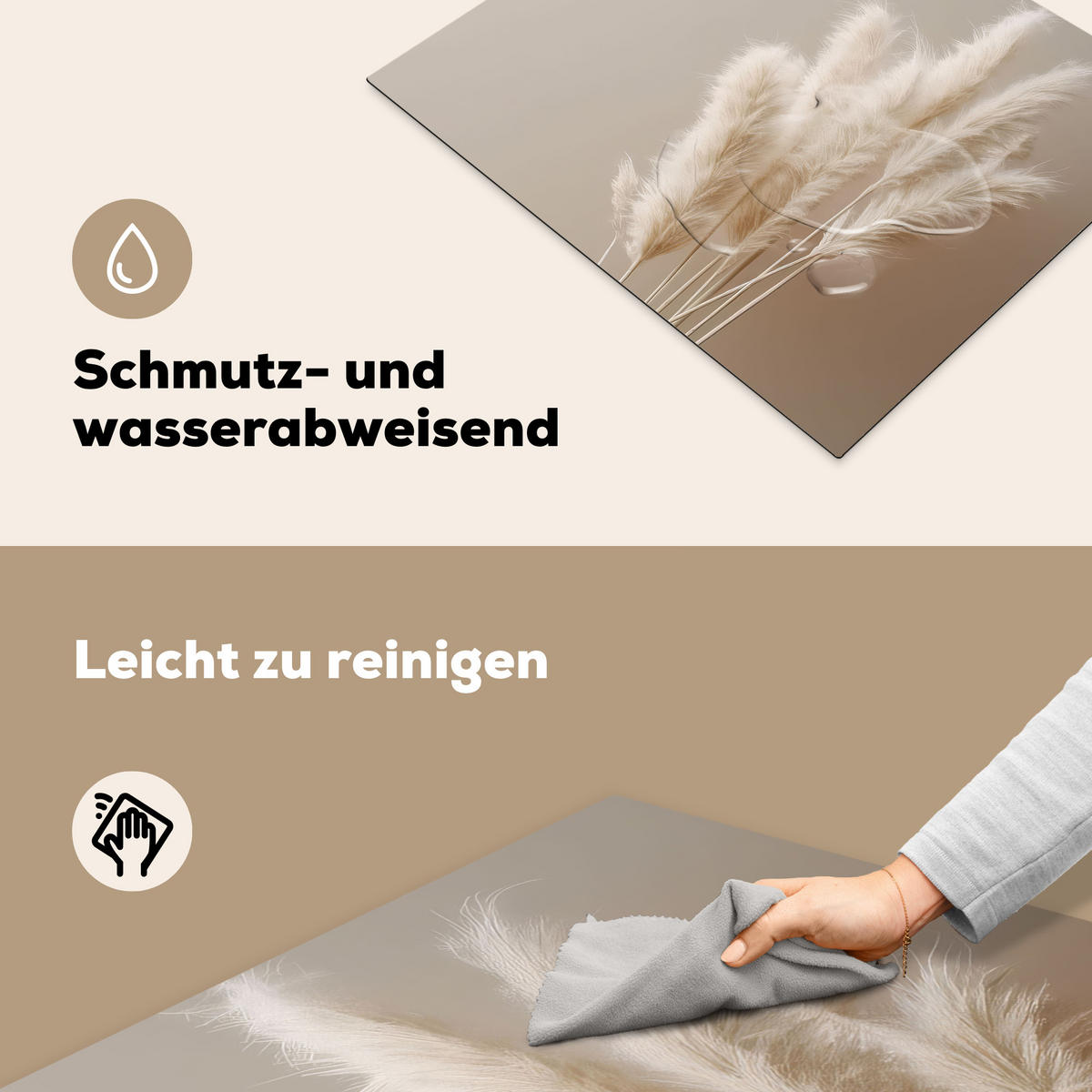 HERDABDECKPLATTE Pampasgras - Federn - Pastell - Weiß 65x52 cm - Creme, Kunststoff (65/52/0.2cm) - MuchoWow