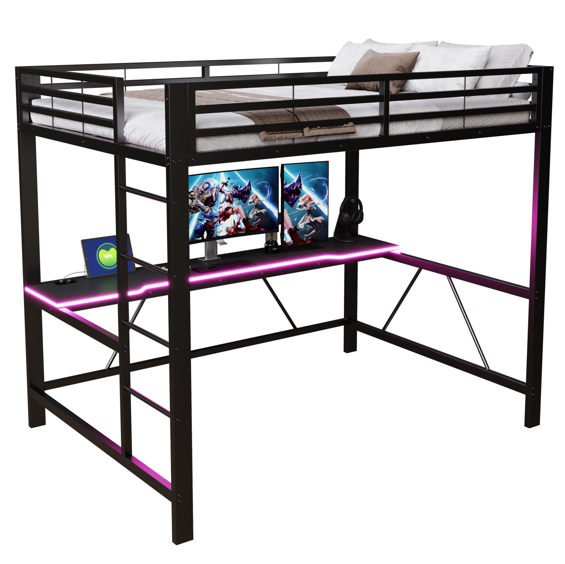 HOCHBETT 140/200 cm aus Metall und MDF mit Schreibtisch und LED-Beleuchtung Schwarz - Schwarz, Holzwerkstoff (140/200cm) - Modenvie