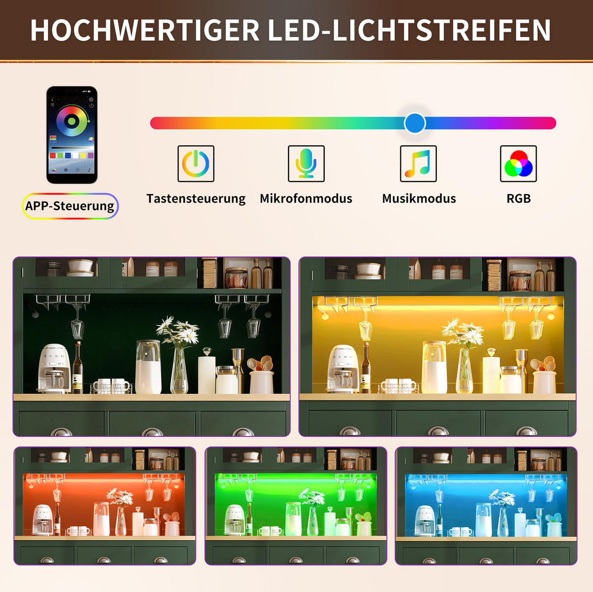 BUFFET 104/40/180 cm aus MDF mit LED-Lichtleiste und viel Stauraum Grün - Grün, Holzwerkstoff (104/180/40cm) - Modenvie