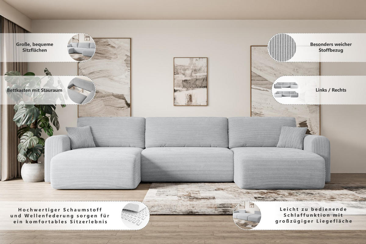 WOHNLANDSCHAFT mit Schlaffunktion und Bettkasten ORRO-U - 362x145x83 cm Senfgelb Cord - Gelb/Schwarz, Holzwerkstoff/Kunststoff (362/83/145cm) - ALTDECOR