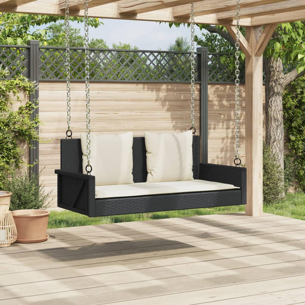 HÄNGEBANK mit Kissen Schwarz 119x56x48 cm Poly Rattan - Schwarz, Holz (119/48/56cm) - furnicato
