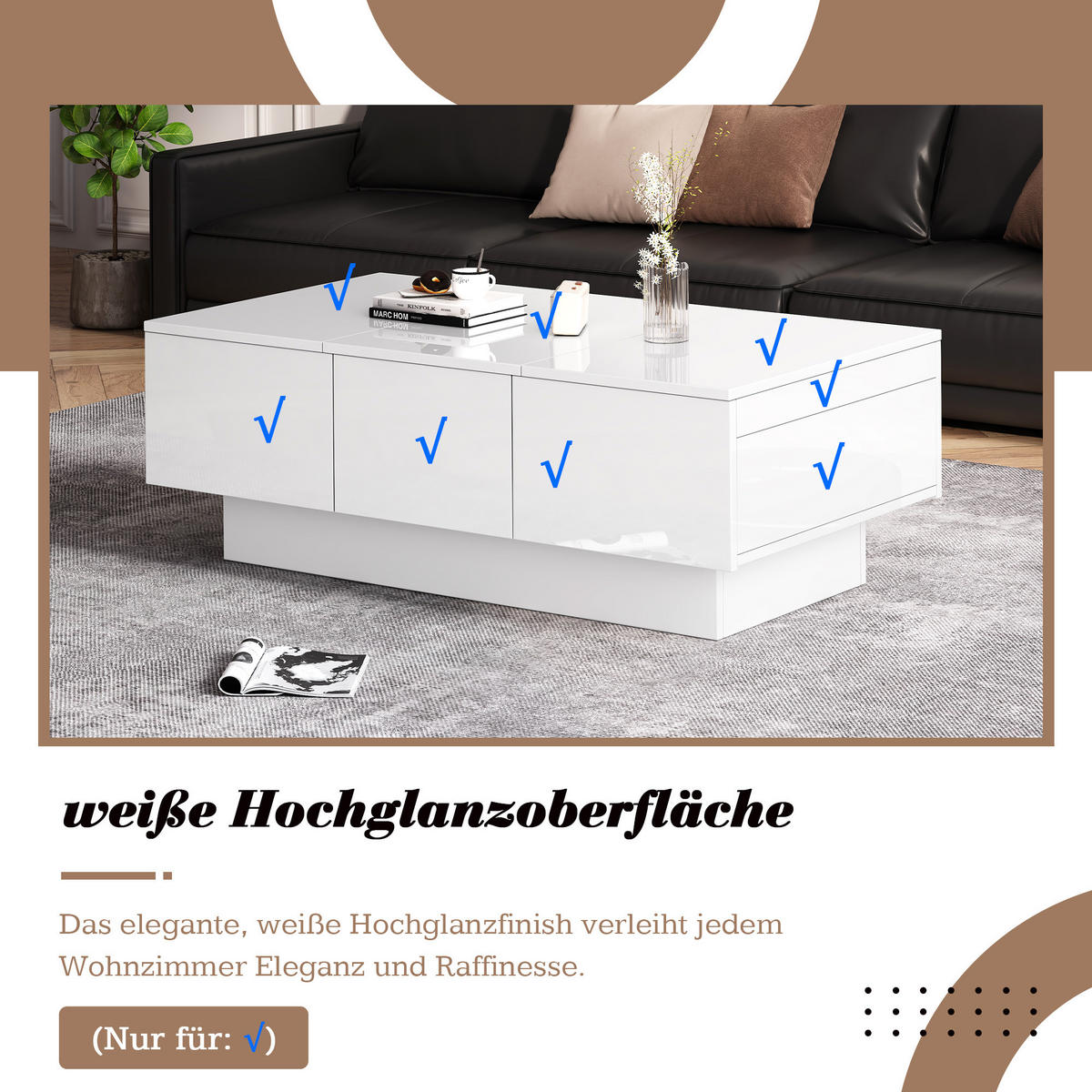 COUCHTISCH Weiß Hochglanz mit Stauraum und Schubladen - Weiß, Holzwerkstoff/Metall (55/100/35cm) - Urban Meuble