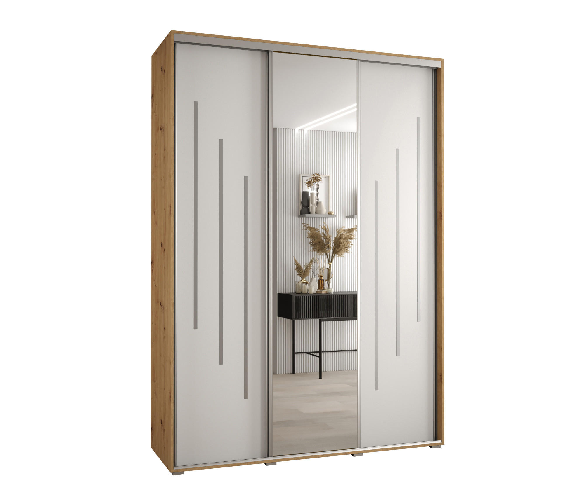 Abiks Möbel Schwebetürenschrank Eiche Artisan, Weiß, Silber 180x235x45 cm