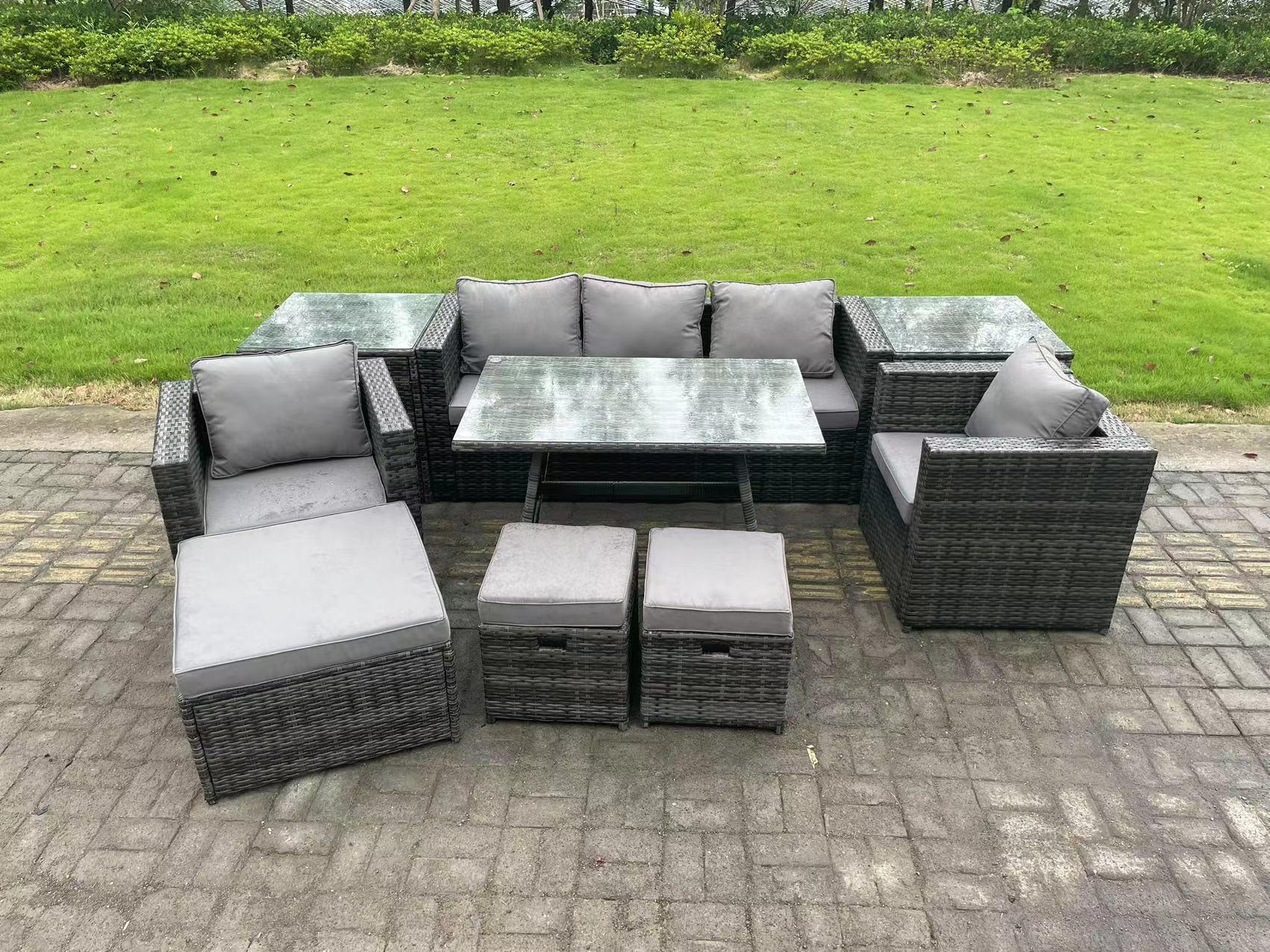 GARTENMÖBELSET mit Esstisch,Beistelltisch 8-Sitzer Grau - Dunkelgrau/Grau, Glas/Kunststoff - Fimous
