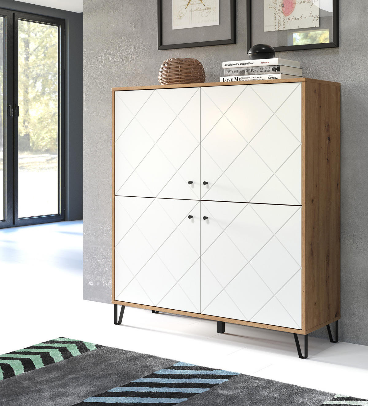 HIGHBOARD weiß matt mit Rautenoptik, Eiche Artisan 123 x 136 cm, Kommode mit Soft-Close - Eichefarben/Schwarz, Holzwerkstoff/Kunststoff (123/136/40cm) - Top.Furn