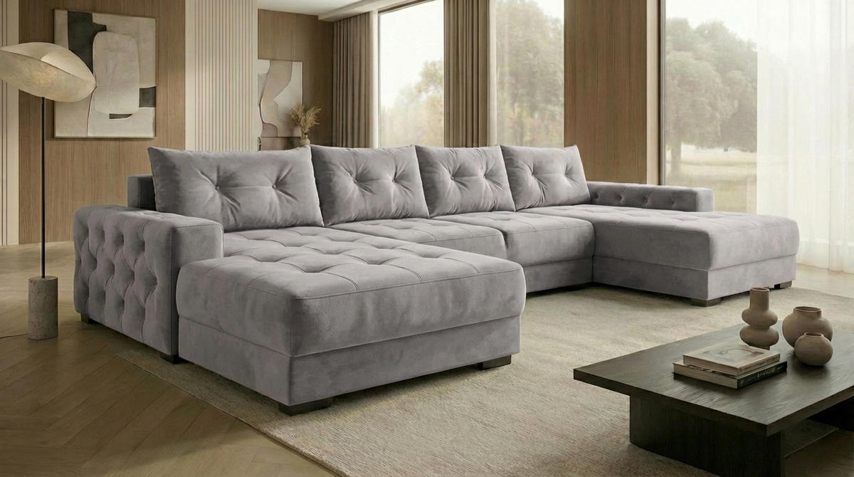 ECKSOFA MODENA 320 cm x 185 cm – Stoff: VELUTTO Silber 15 Farbe: Grau - Grau, Textil (320/185cm) - A&J MöbelLand