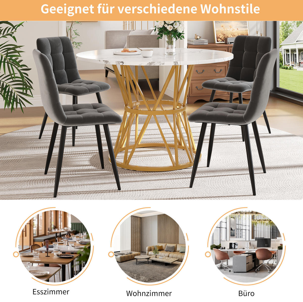 ESSTISCH 100/100/76 cm in Gold mit MDF-Tischplatte in Marmoroptik - Goldfarben, Holzwerkstoff (100/100/76cm) - Flora Grace