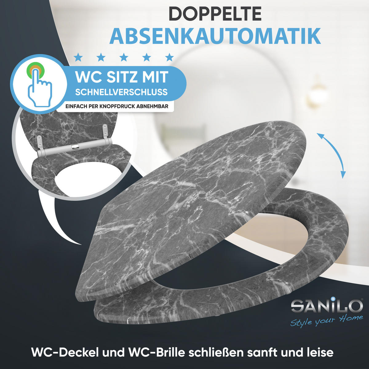 WC-SITZ mit Absenkautomatik & Top Fix Marmor Grau - Grau, Holzwerkstoff (37.7/5.5/48cm) - Sanilo