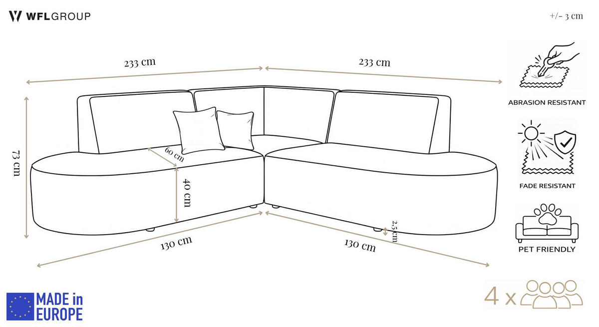 ECKSOFA Nora L-Form 3-Sitzer Universell, Samt, Beige 223/73/223 cm - Beige/Schwarz, Kunststoff/Textil (223/223cm) - WFL GROUP