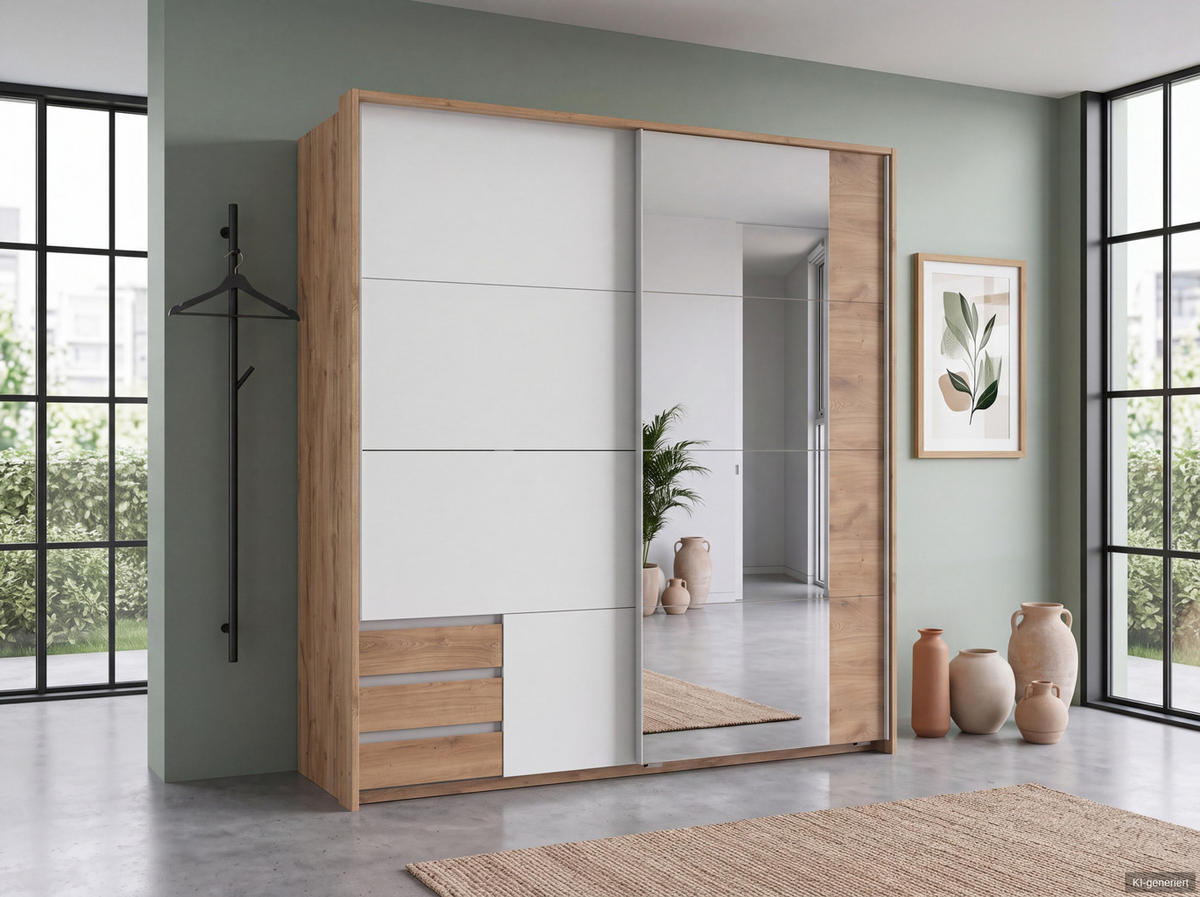 SCHWEBETÜRENSCHRANK 2-türig B183/H200/T65 cm, Passepartout-Kleiderschrank mit Spiegel & sichtbaren Schubkästen in Eiche Dekor, 1x Tür in Weiß / 22712 - Eichefarben/Alufarben, Holz/Holzwerkstoff (183/200/65cm) - luma-home