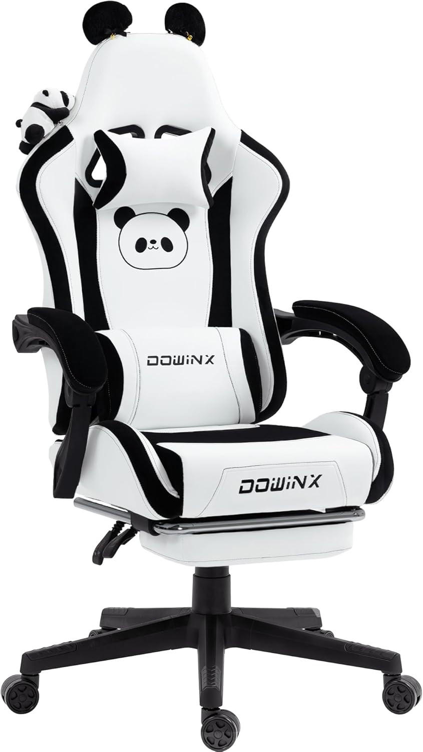 GAMING Stuhl & Lendenwirbelstütze/Hoher Rückenlehne/Fußstütze PU-Leder - Weiß Hochglanz, Leder (72/118/72cm)