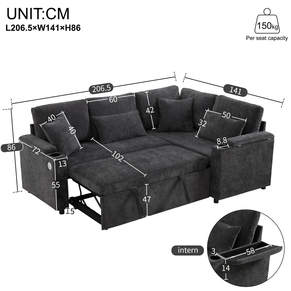 ECKSCHLAFSOFA 206.5/141/86 cm Dunkelgrau mit Stauraum, Getränkehalter, USB-Ladeanschluss und Armlehnenablage - Dunkelgrau, Textil (206.5/141cm) - Oxeza