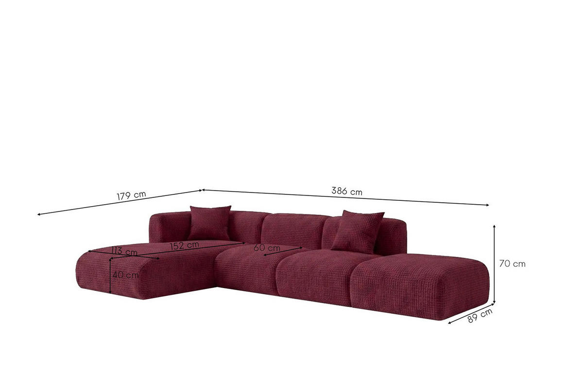 ECKSOFA L-Form mit Hocker, Chenille-Stoff Cremona, Rotwein, Links, GRETA - Weinrot, Holz (386/179cm) - Kaiser Möbel