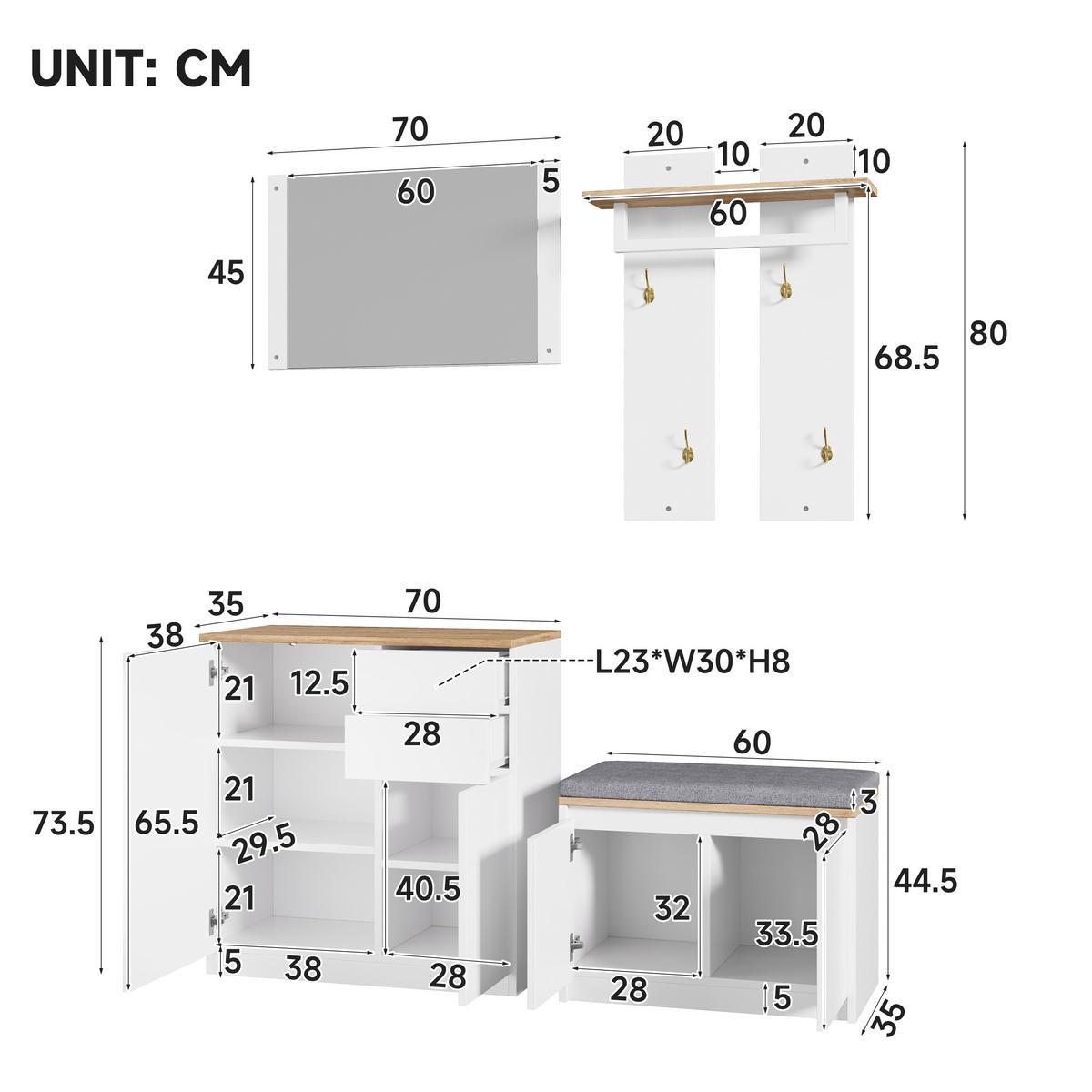 GARDEROBE 130x35x124.5cm mit Spiegel, LED und Schuhbank - Weiß, Holzwerkstoff (130/124.5/35cm) - FLIEKS