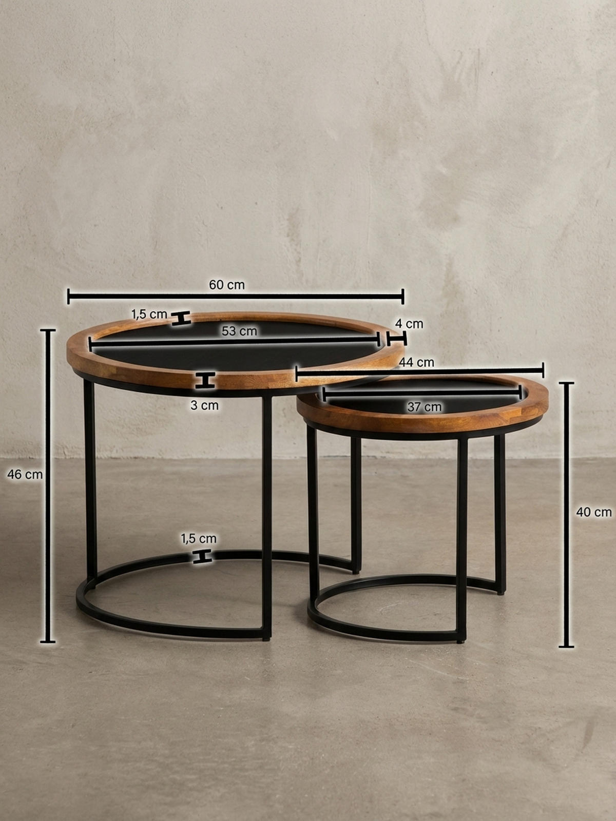 COUCHTISCH Set – 2-teilig Rund Mango Massivholz Steinoptik Metall Braun Anthrazit - Schwarz/Braun, Holz/Metall (60/60/46cm) - KADIMA DESIGN