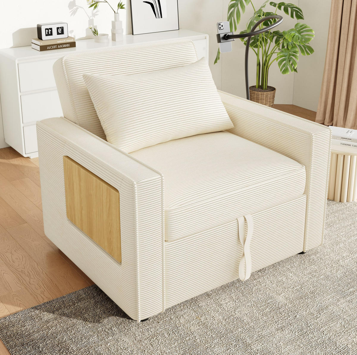 ROZKLADACIA pohovka z menčestru, 93/150/85 cm béžová, s USB, Type-C a držiakom na mobil - béžová, textil (93/85/150cm) - BEAOK