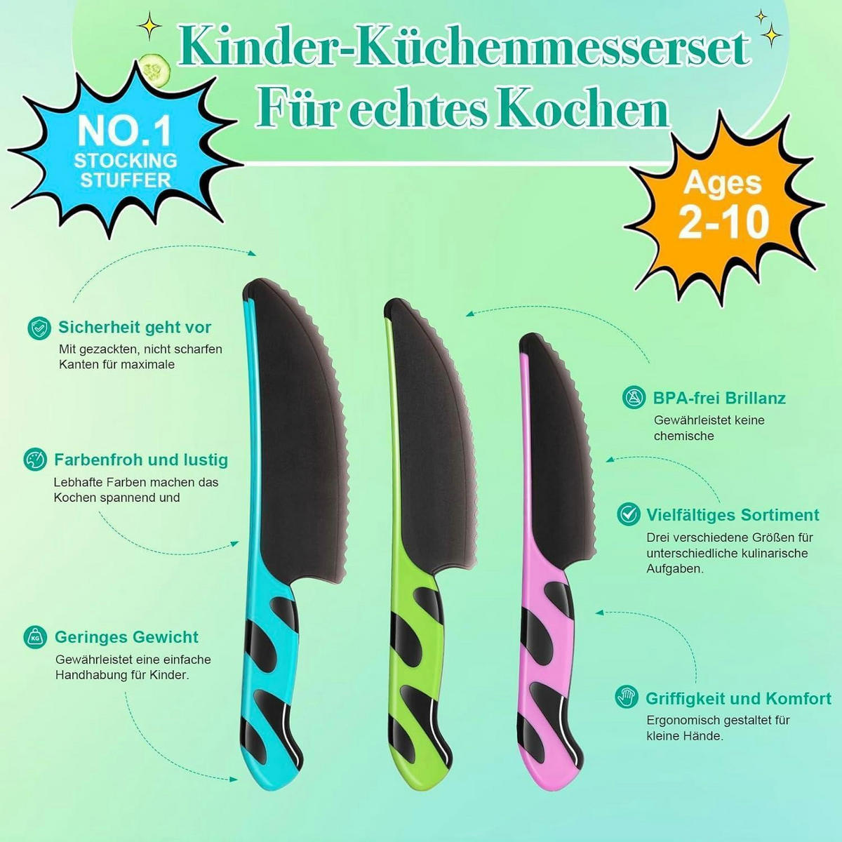 KINDERMESSER-SET 3-teilig BPA-frei mit Keramikschäler - Multicolor, Kunststoff