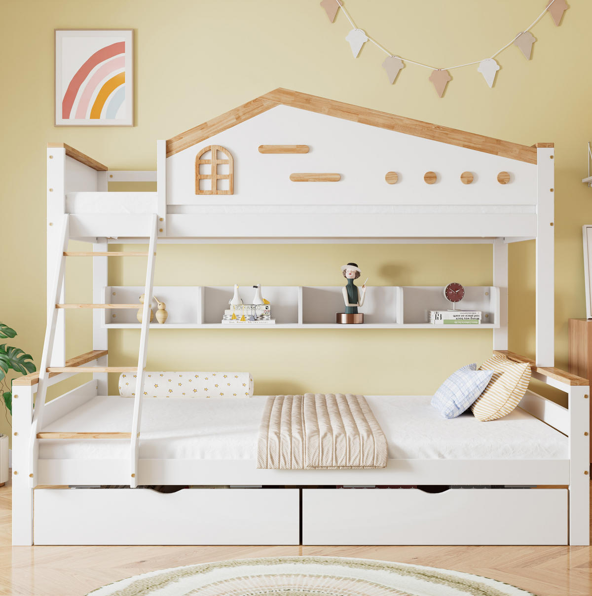 HAUSBETT 90/200 & 140/200 cm mit Regal und 2 Schubladen in Weiß/Natur - Weiß, Holzwerkstoff (90/200cm) - BEAOK
