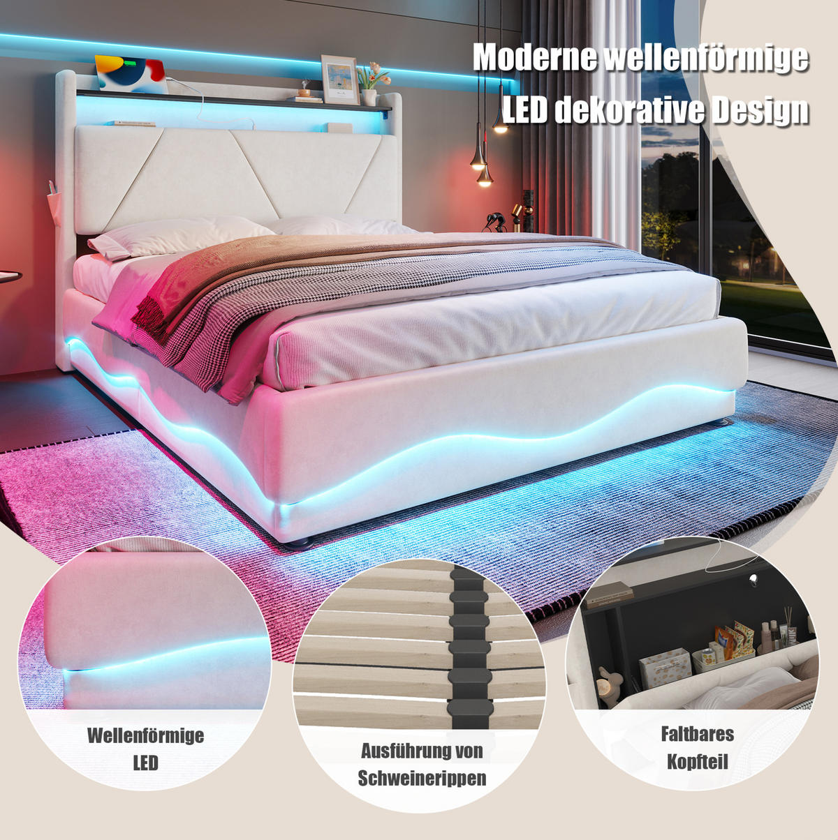 OBLAZINJENA postelja iz žameta, 140/200 cm bež, z LED-osvetlitvijo in shranjevalnim prostorom - bež, tekstil (140/200cm) - Modenvie