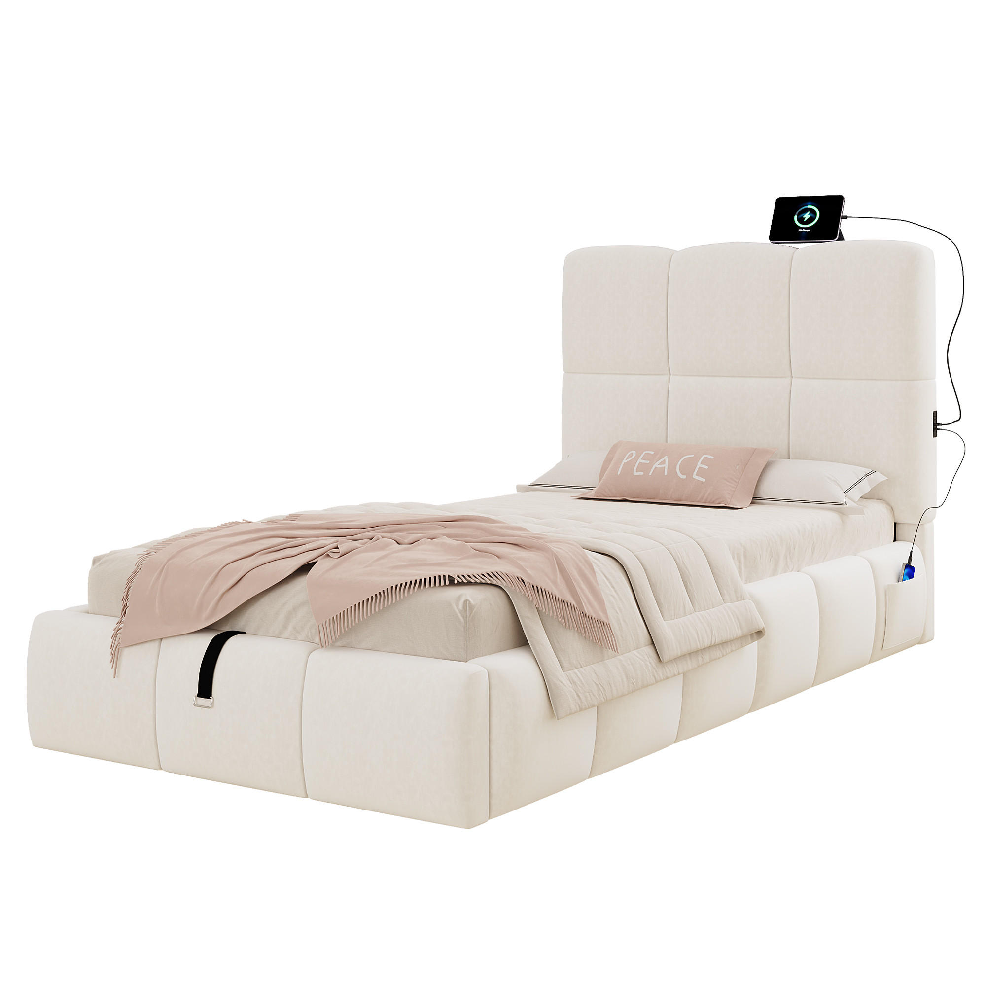 POLSTERBETT 90x200 Cm Stauraum Hydraulik USB Samt Beige - Beige, Textil (90/200cm) - FLIEKS