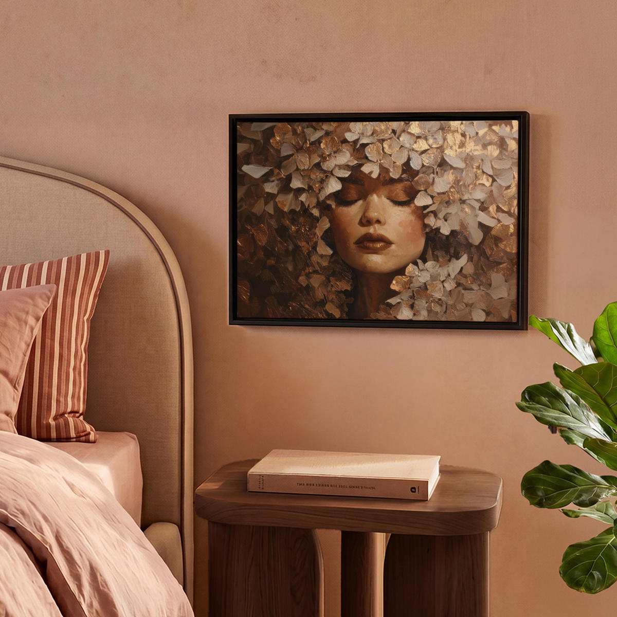 LEINWAND Bilder mit Rahmen - Gesicht - Dame - Blätter - Pinselstriche - 40x30 - Goldfarben, Textil (40/30cm) - MuchoWow