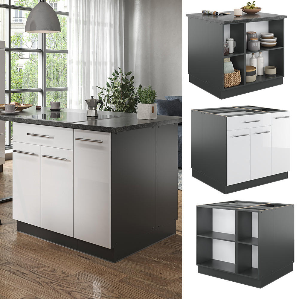 KÜCHENINSEL Fame-Line Weiß Hochglanz/Anthrazit 90 cm mit Schublade ohne AP - Weiß Hochglanz/Anthrazit, Holzwerkstoff (90/82/60cm) - Vicco