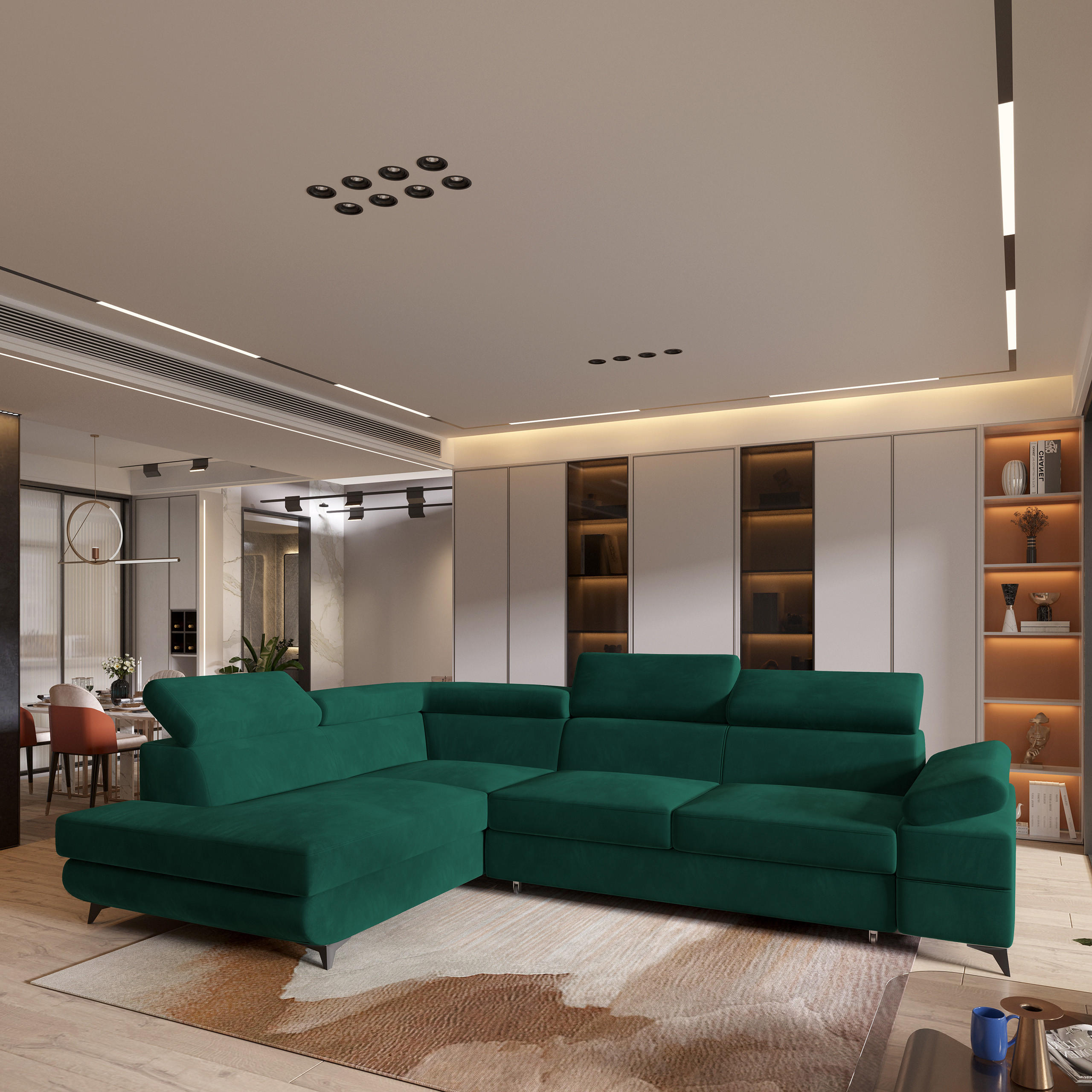 ECKSOFA FAVIEN L-S Grün Velours-Stoff mit Schlaffunktion - Grün, Holz (257/190cm) - MASSENO