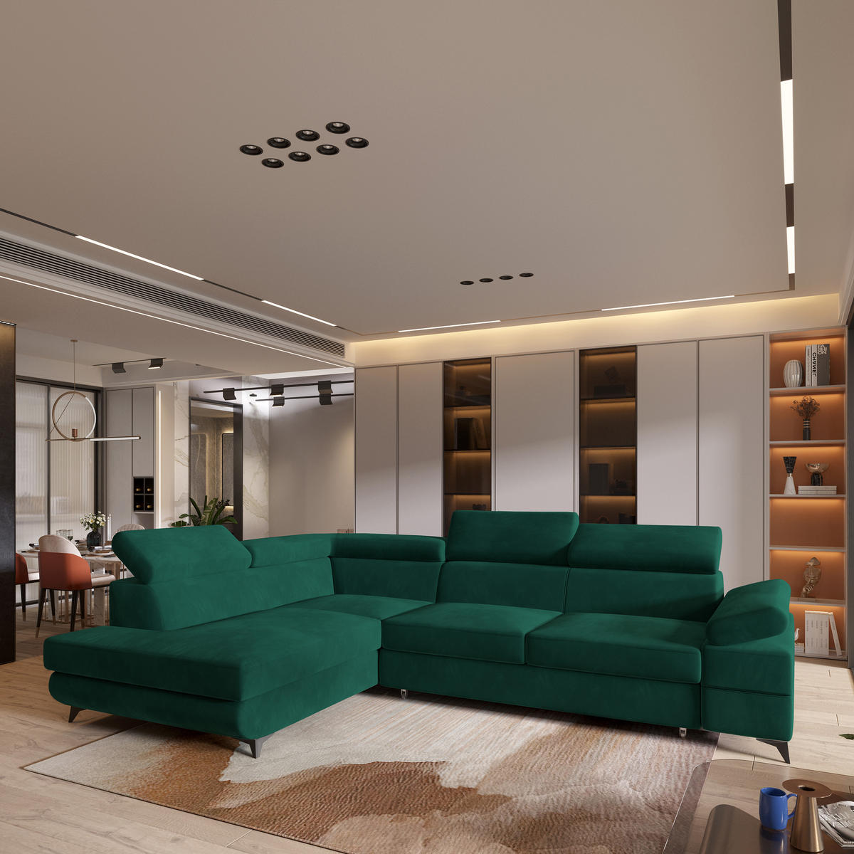 ECKSOFA FAVIEN L-S Grün Velours-Stoff mit Schlaffunktion - Grün, Holz (257/190cm) - MASSENO
