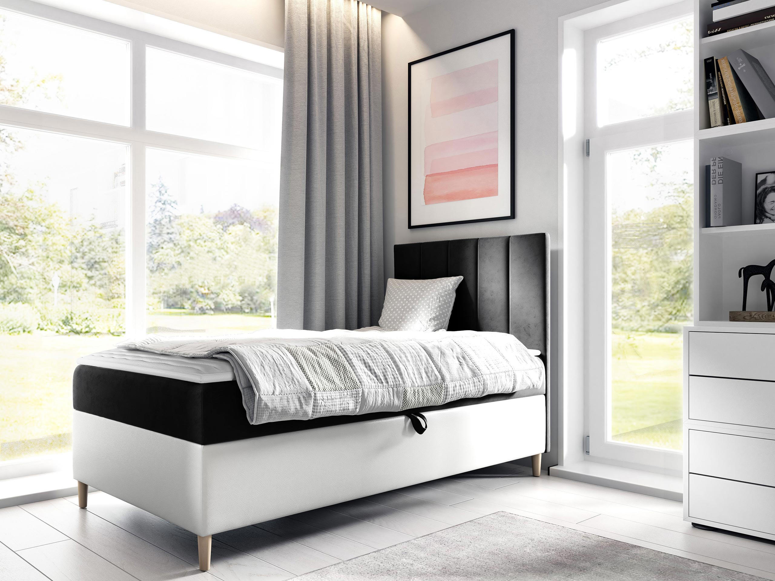 BOXBETT Maja Junior 1, Seite zum Öffnen des Bettkastens: Rechts - Schwarz/Weiß, Holz (90/200cm) - MIRJAN24