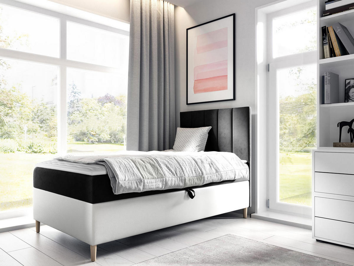 BOXBETT Maja Junior 1, Seite zum Öffnen des Bettkastens: Rechts - Schwarz/Weiß, Holz (90/200cm) - MIRJAN24