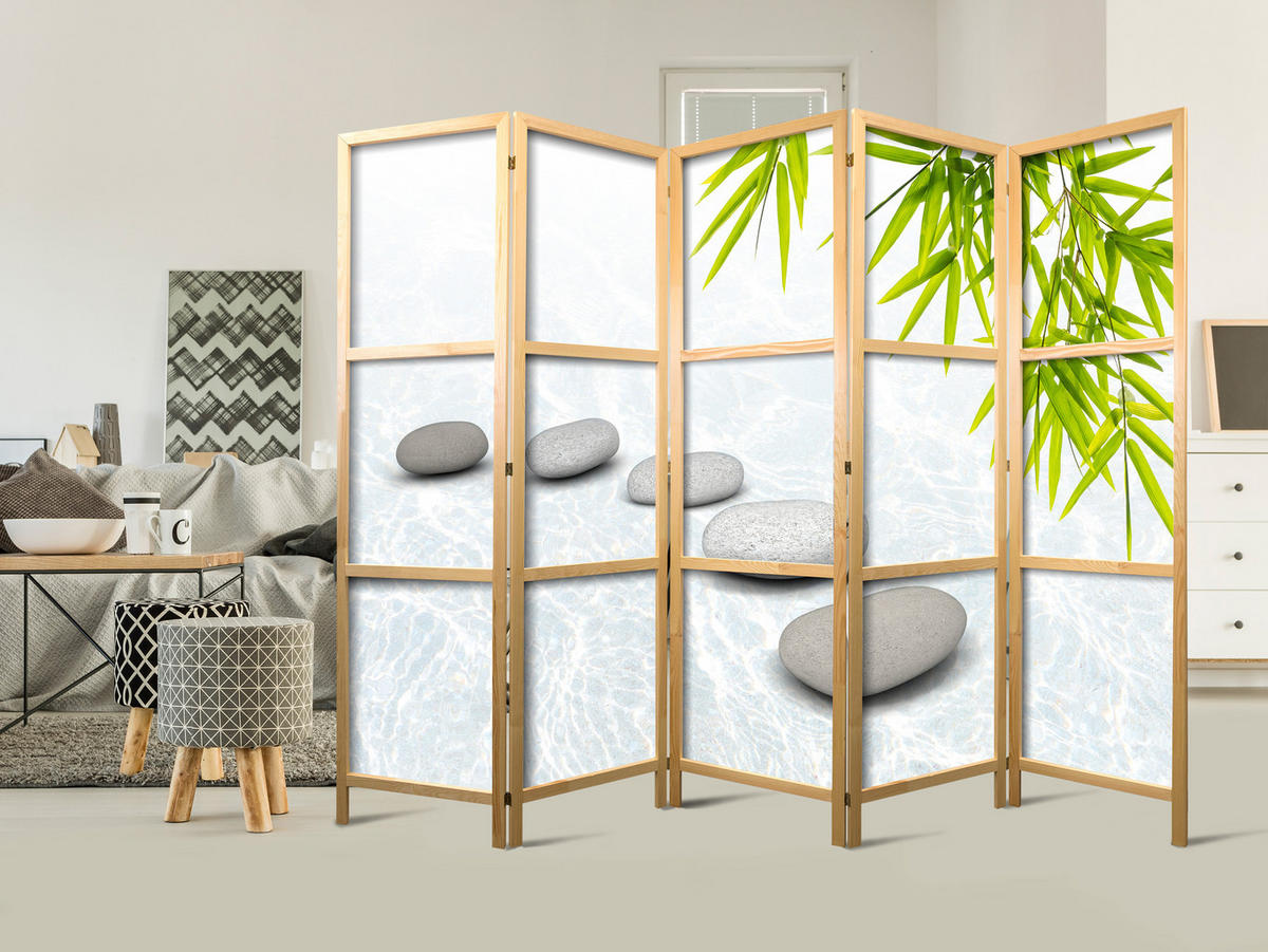PARAVENT Japanischer 5-tlg 225x172 cm Steine Und Bl tter - Weiß, Holz/Textil (225/172/3cm) - Muralo