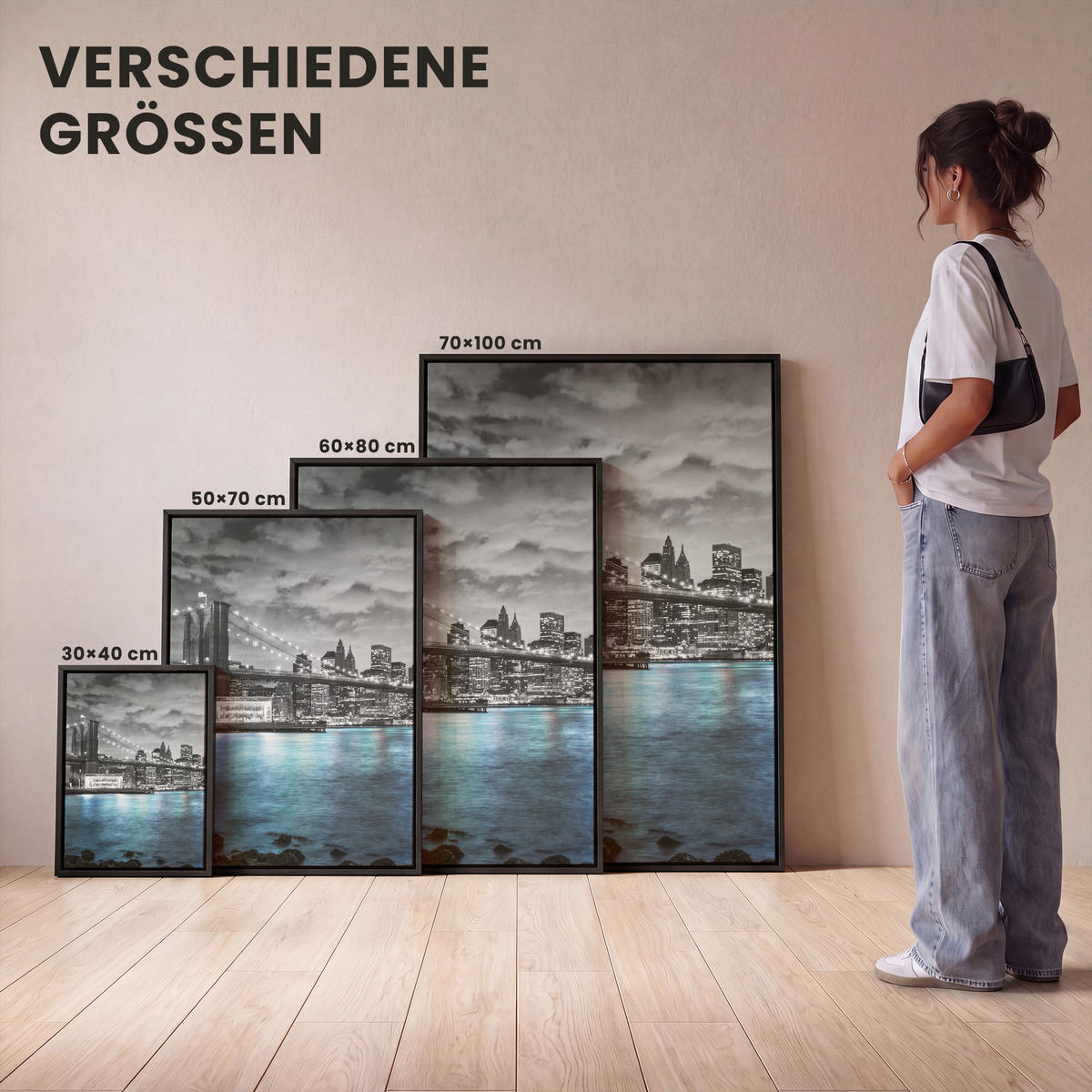 LEINWAND Bilder mit Rahmen - New York - Skyline - Stadt - Blau - 30x40 - Blaugrau, Textil (30/40cm) - MuchoWow